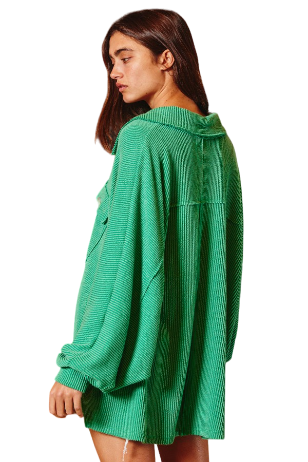 Bucket List Green Collared Oversized Button Up Top