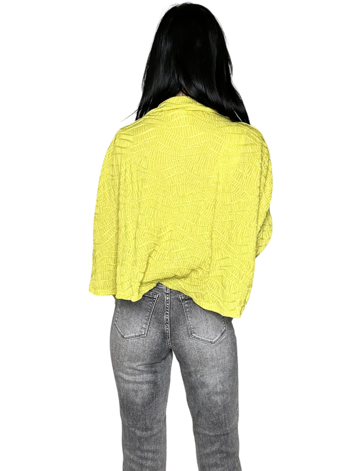 Chartreuse Cropped Button Up Textured Solid Knit Shacket