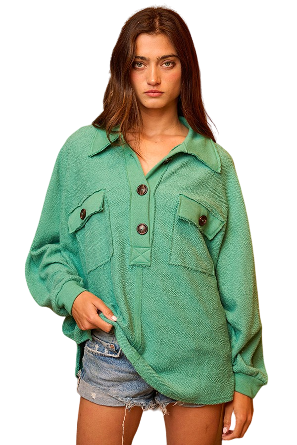 Kelly Green Oversized Texture Knit Henley Top