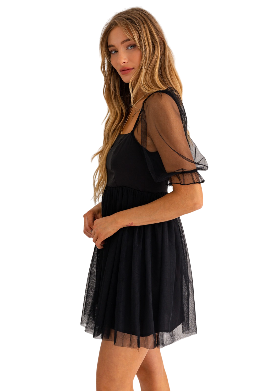 Black 3/4 Sleeve Tulle Mesh Baby Doll Mini Dress