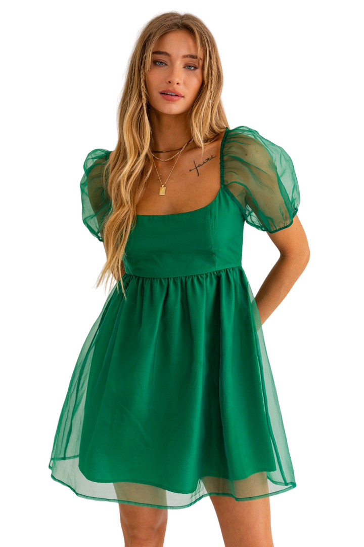 Green Puff Sleeve Organza Mini Dress