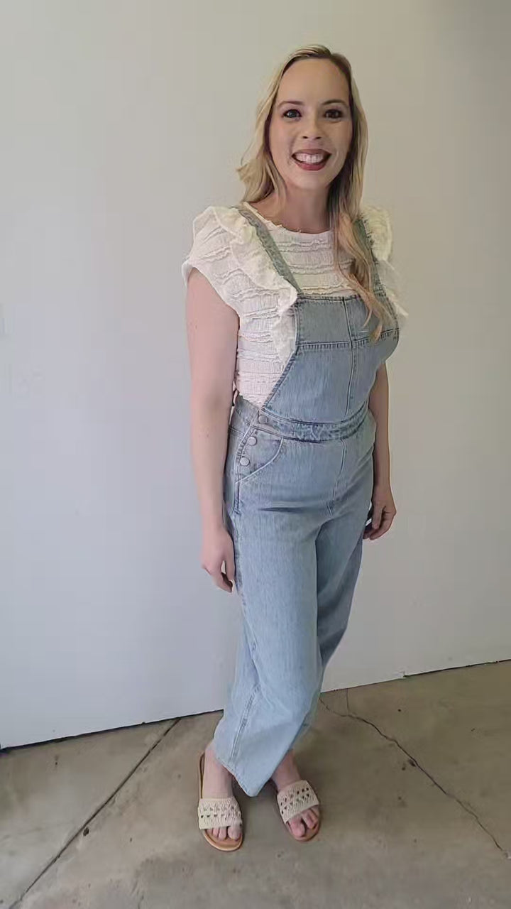 Light Washed Denim Button Strap Overalls