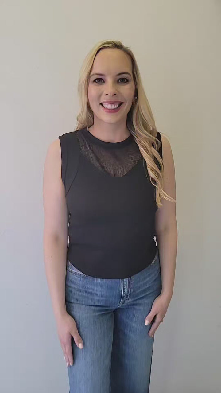 Black Mesh Inset Crew Tank Top