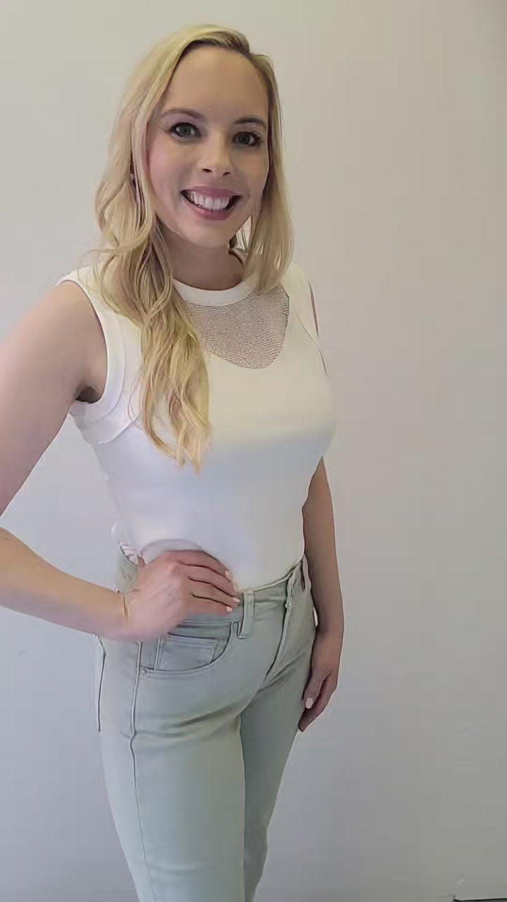 White Mesh Inset Crew Tank Top