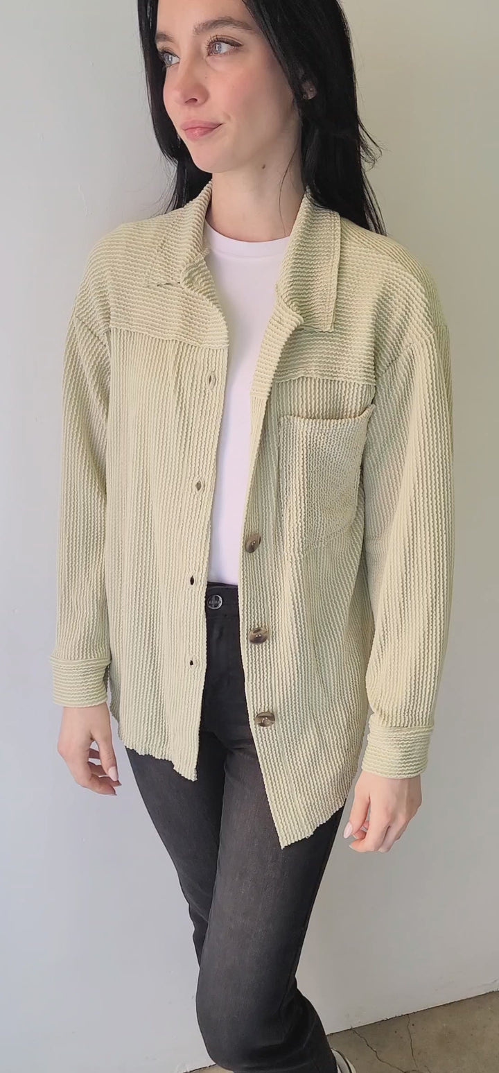 Mint Ribbed Cord Button Shacket