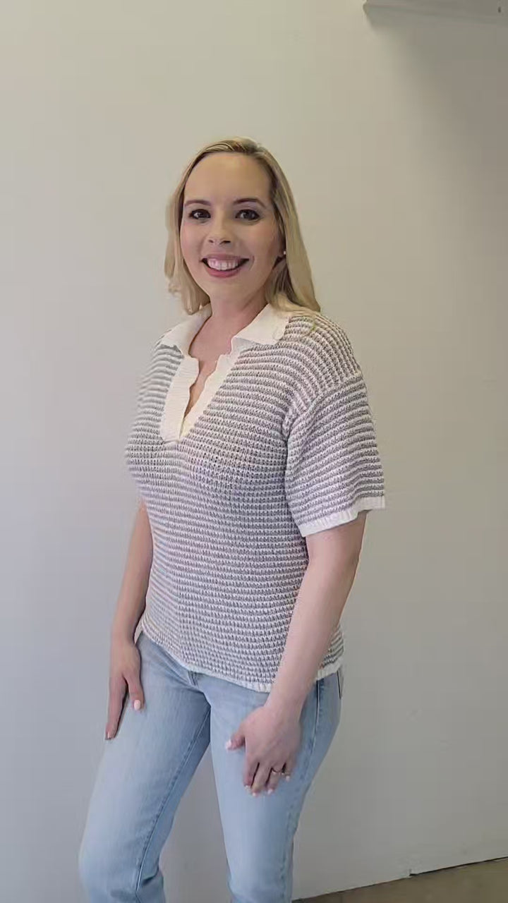 Dusty Blue Striped Boucle Lightweight Collared Polo Top Sweater
