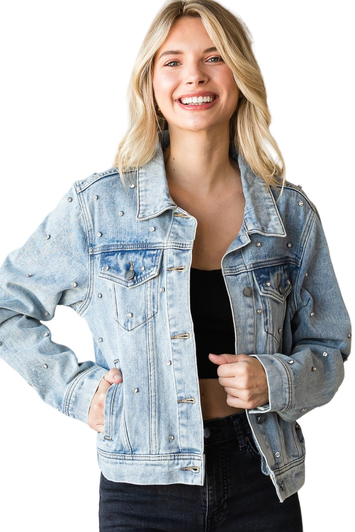 Rhinestone Detail Medium Washed Denim Jacket