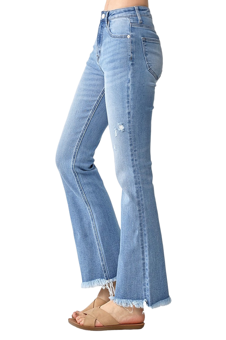 Risen Light High Rise Vintage Frayed Hem Flare Jeans