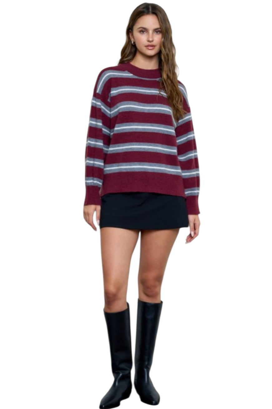 Burgundy & Grey Stripe Crew Neck Relaxed Knit Sweater