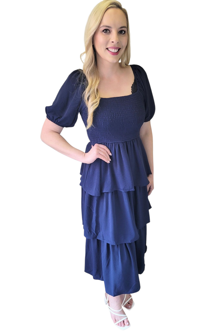 Navy Square Neck Ruffled Tier Midi Dress