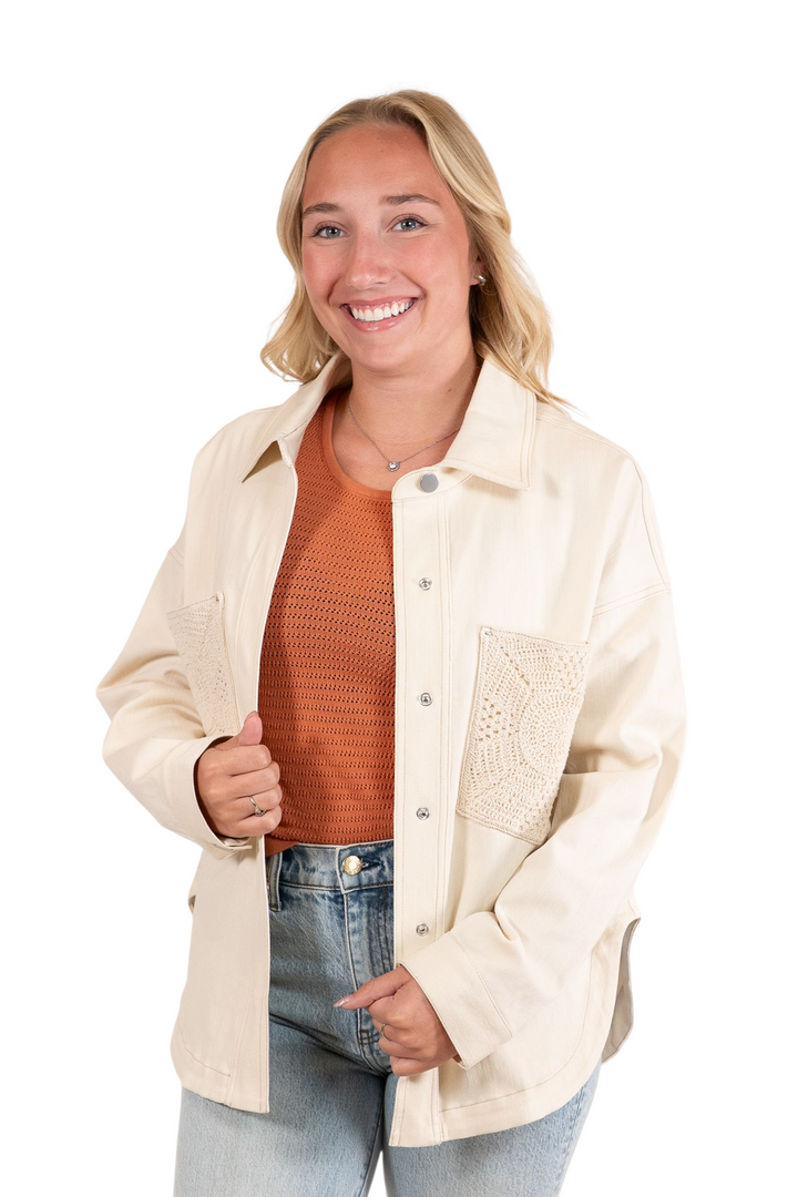 Sadie & Sage Cream Clear Eyes Crochet Pocket Shacket