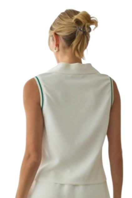 White & Green Stripe Trim Soft Modal Collared Active Tank Top