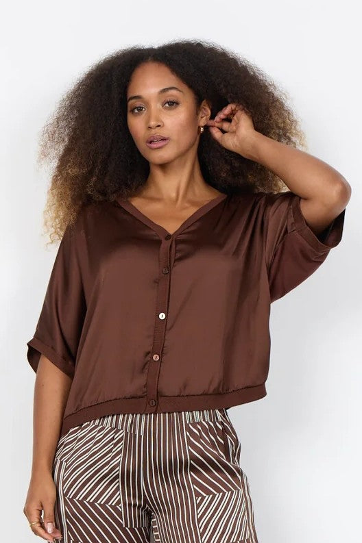 Soyaconcept Brown Thilde Satin Front Button Down Blouse