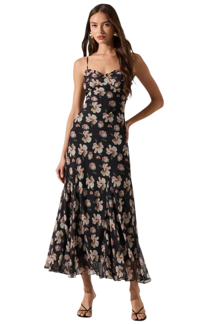 Astr Maeryn Black Floral Sweetheart Ruffle Maxi Dress