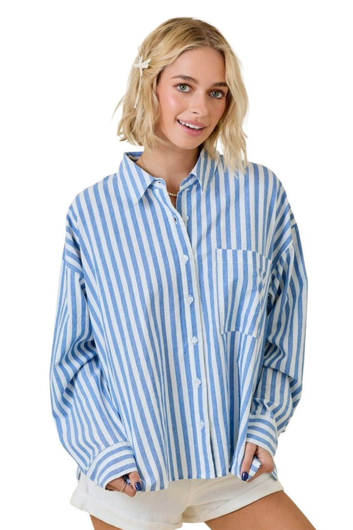 Light Blue Stripe Oversized Button Down Long Sleeve Shirt