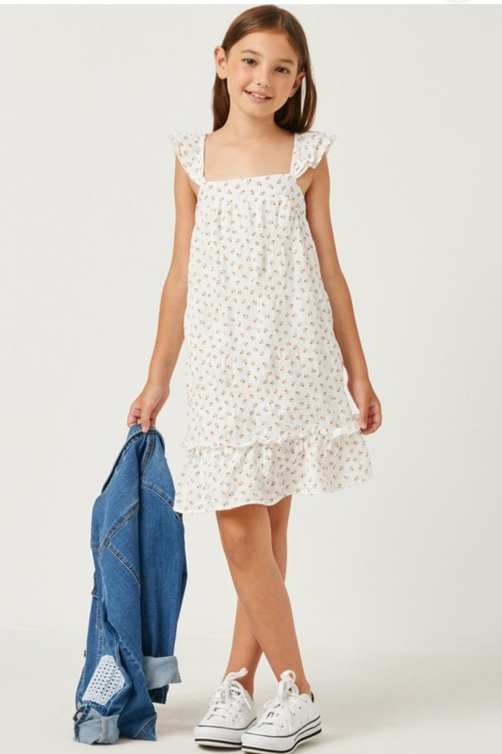 Girls Orange Floral Flutter Shoulder Ruffle Hem Dress