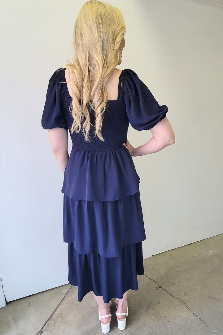 Navy Square Neck Ruffled Tier Midi Dress