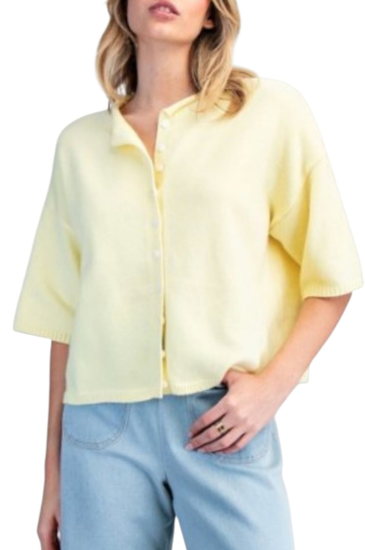 Butter Yellow Oversized Button Down Short Sleeve Cardigan
