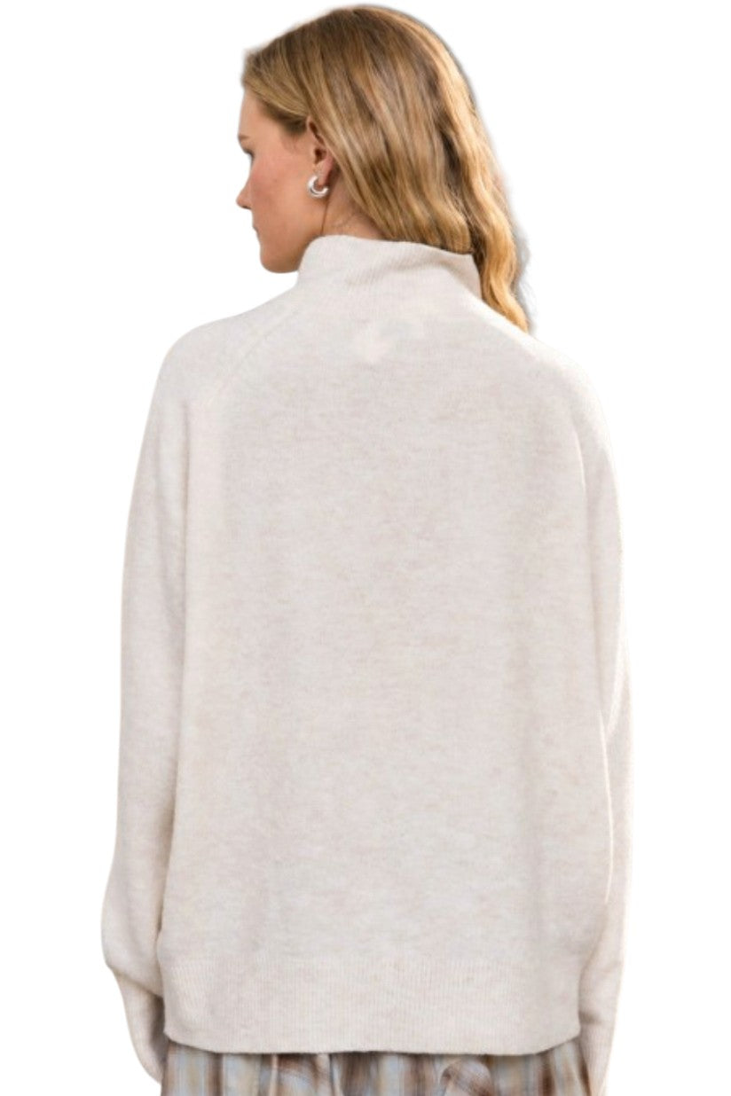 Oatmeal Center Seam Mock Neck Relaxed Knit Sweater