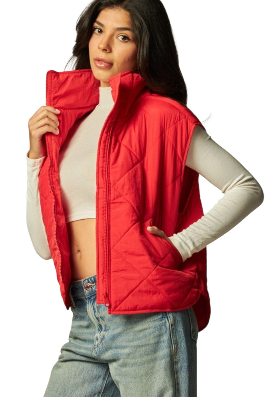 Poppy Red Boxy Quilted Puffer Vest