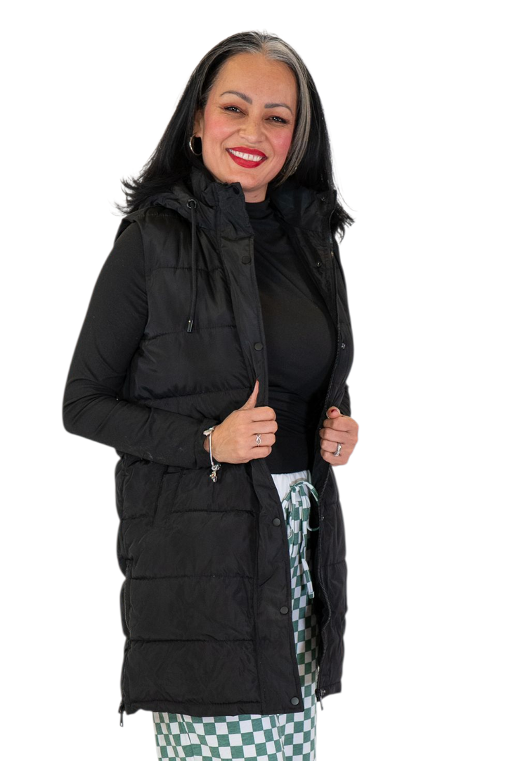 Black Zip-Up Long Puffer Vest