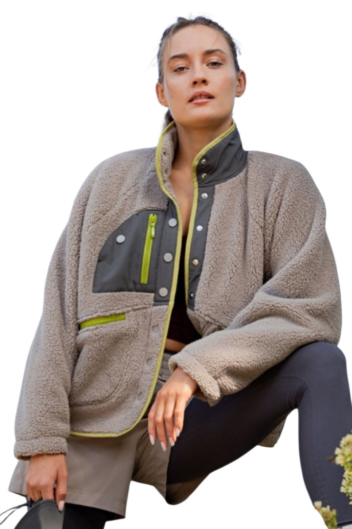 Mocha & Lime Snap Quarter Zip Sherpa Jacket