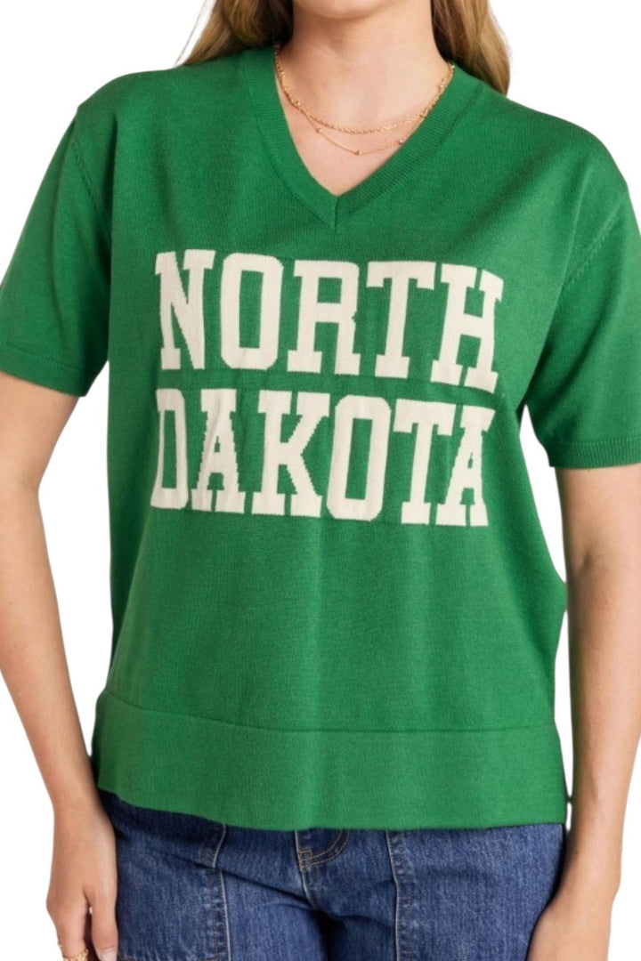 North Dakota Green Knit V Neck SS Sweater