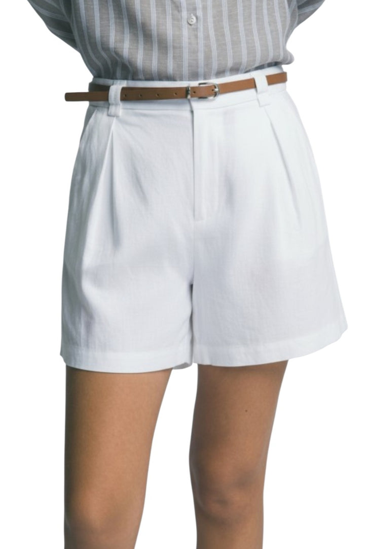 White Pleated Linen Blend Shorts