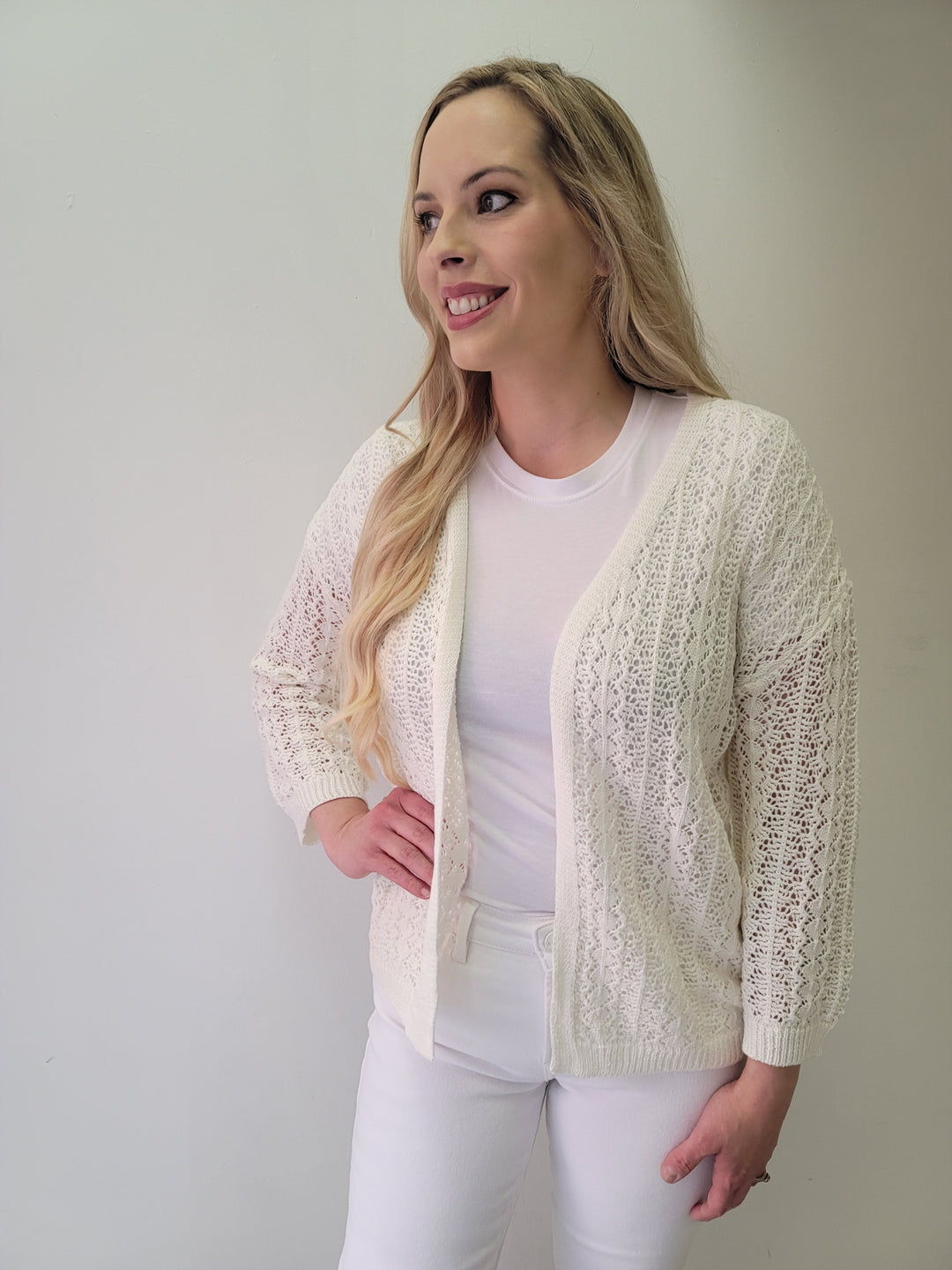 White Hollow Out Knit Drop Shoulder Cardigan