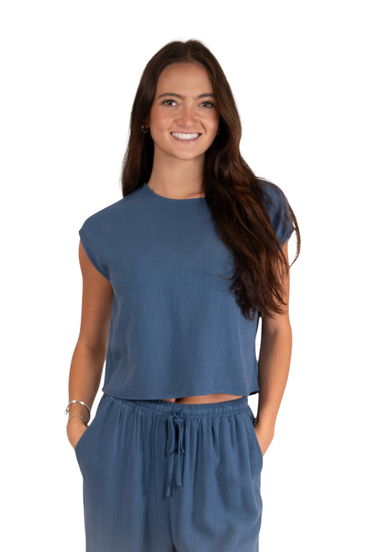 Sadie & Sage Indigo Meg Sugarloaf Sleeveless Linen Top