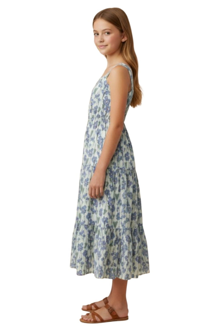 Girls Blue Floral Pleated Poplin Midi Dress
