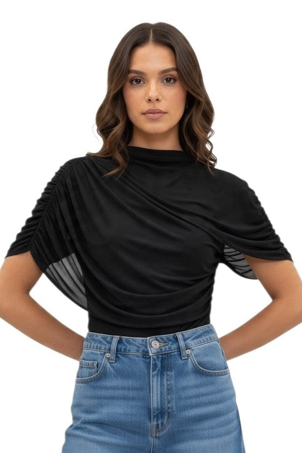 Black Assymetric Mesh Cape Ruched Sleeveless Mockneck Top