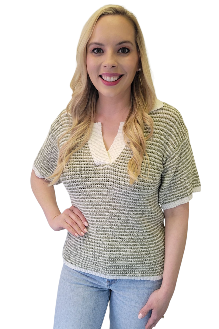 Sage Green Striped Boucle Lightweight Collared Polo Top Sweater