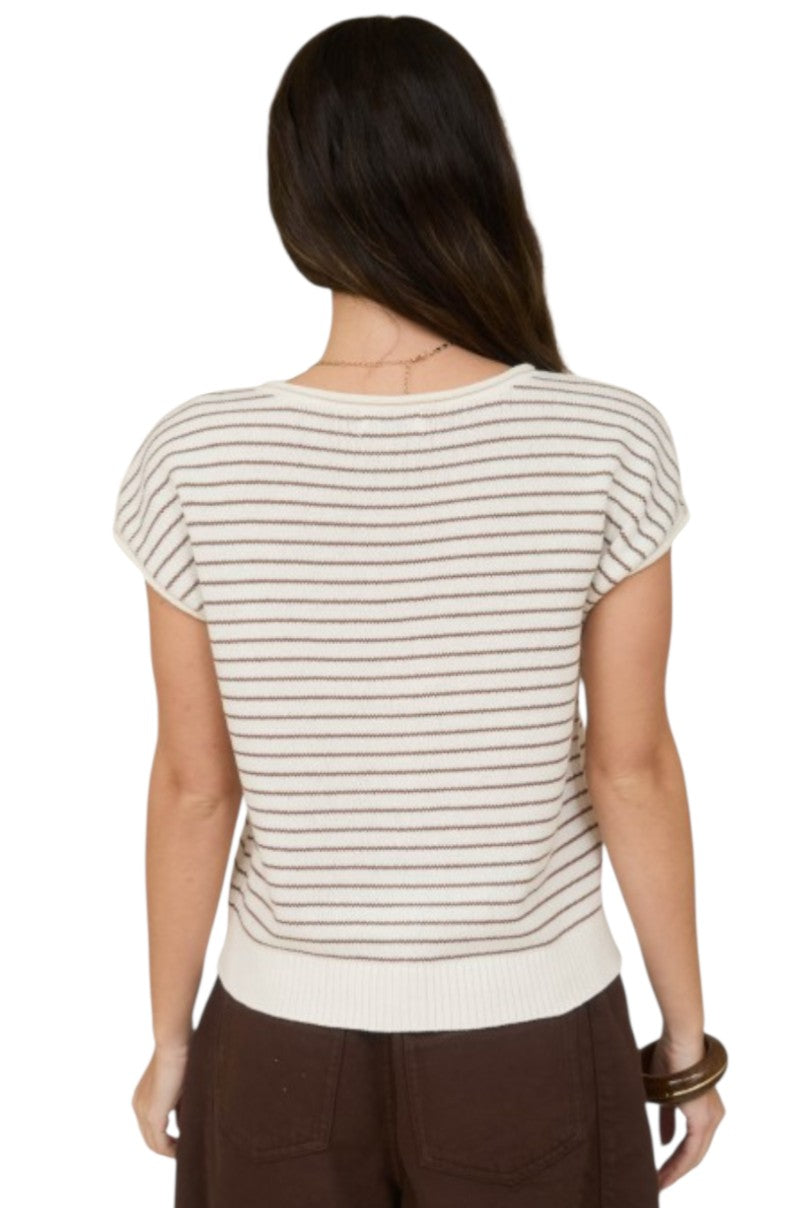 Brown Stripe Scoop Raw Edge Short Sleeve Cardigan