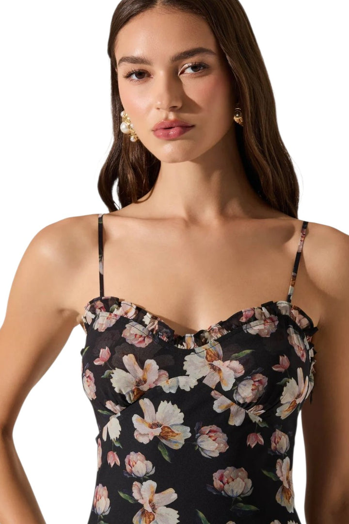 Astr Maeryn Black Floral Sweetheart Ruffle Maxi Dress