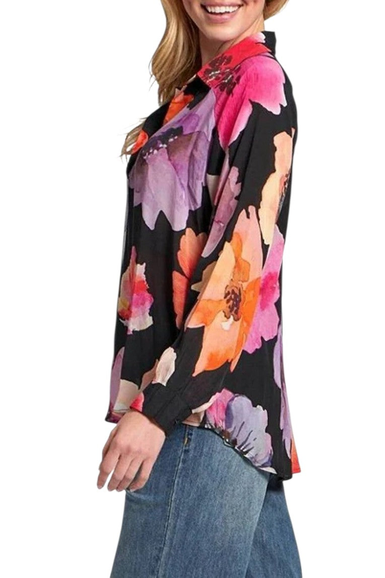 APNY Bright Pink Bold Floral Half Placket Pullover Blouse