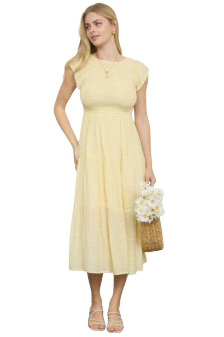 Light Yellow Tiered Smocked Short Sleeve Midi Dress
