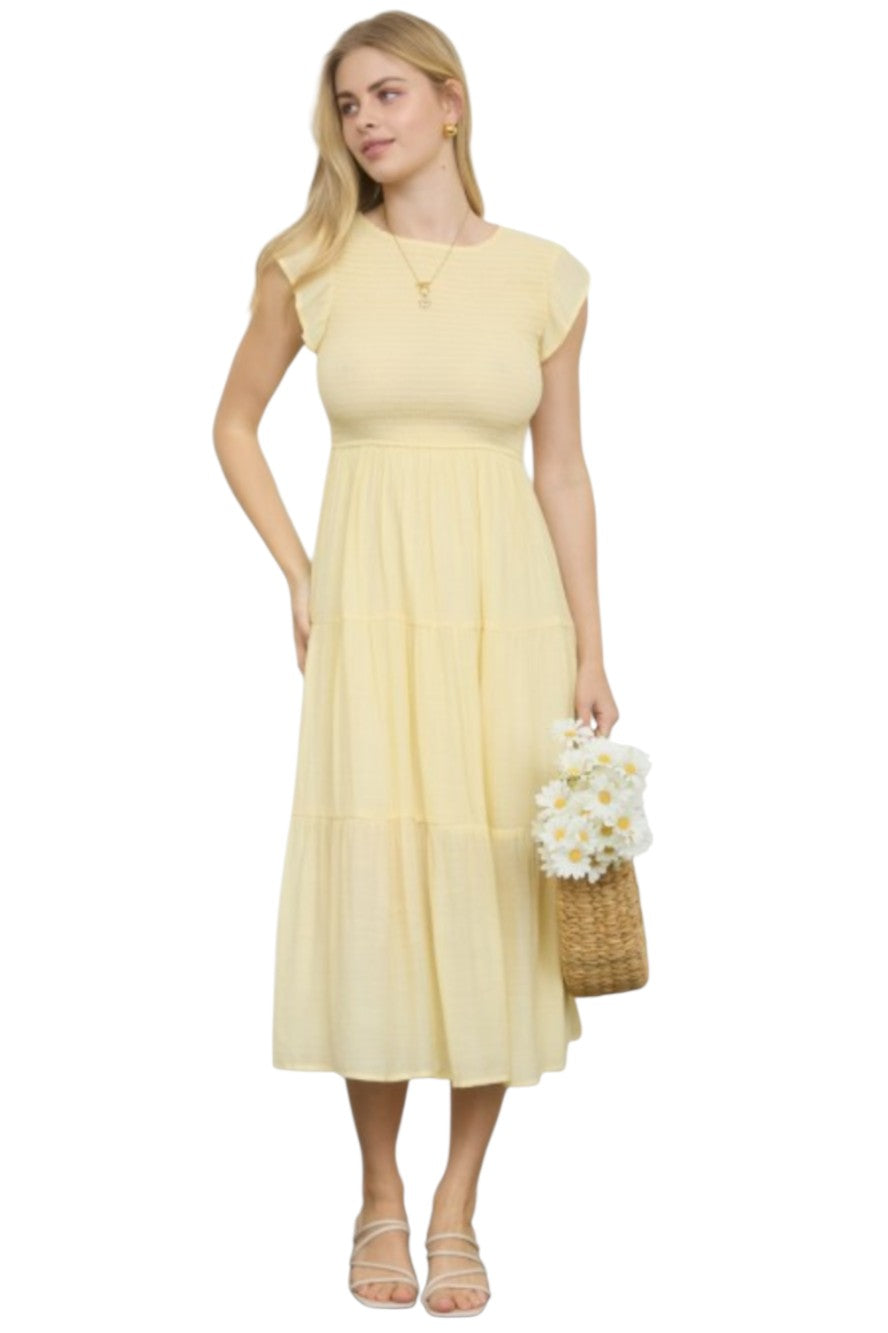 Light Yellow Tiered Smocked Short Sleeve Midi Dress – Luscious Boutique Light Yellow Tiered Smocked Short Sleeve Midi Dress – Luscious Boutique