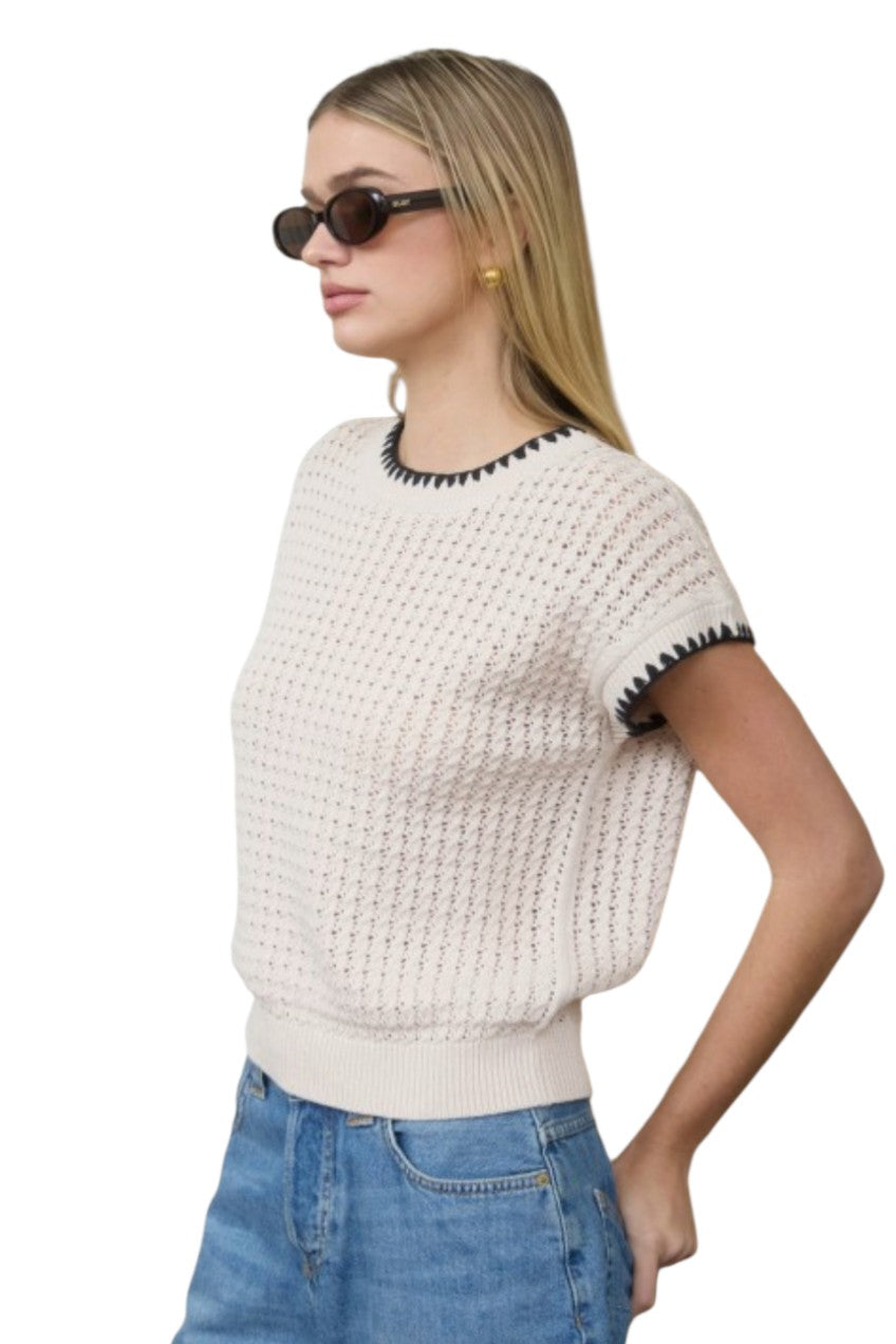 Cream Contrast Trim Short Sleeve Knit Sweater