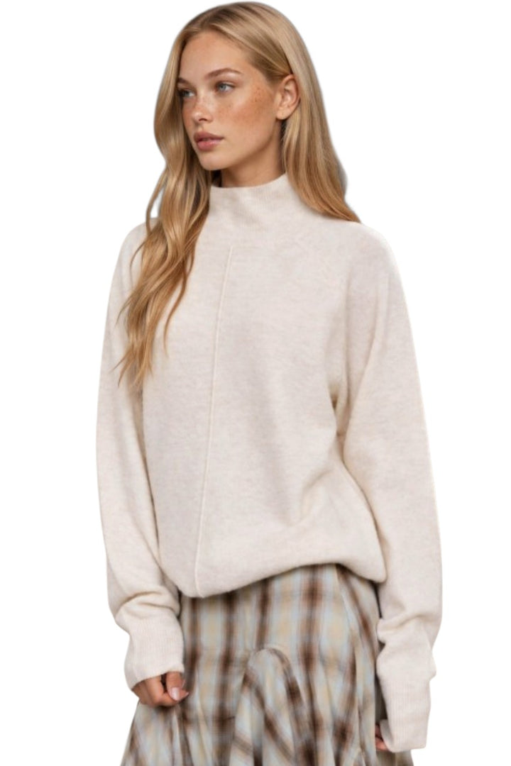 Oatmeal Center Seam Mock Neck Relaxed Knit Sweater
