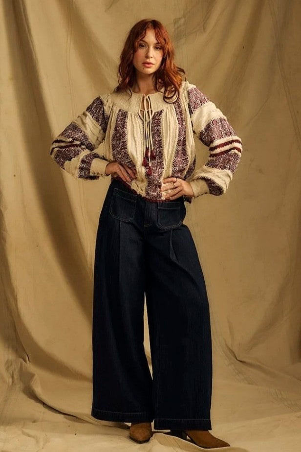 One Collective Sea Salt Jacquard Averno Quilted Yoke Blouse Top
