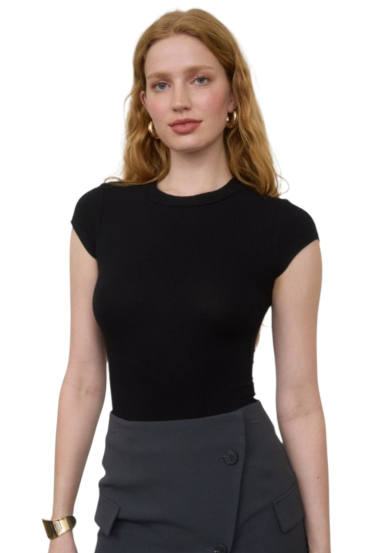 Black Round Neck Short Sleeve Knit Bodysuit