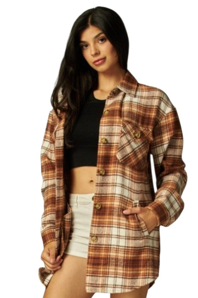 Brown & White Plaid Long Button Flannel Jacket