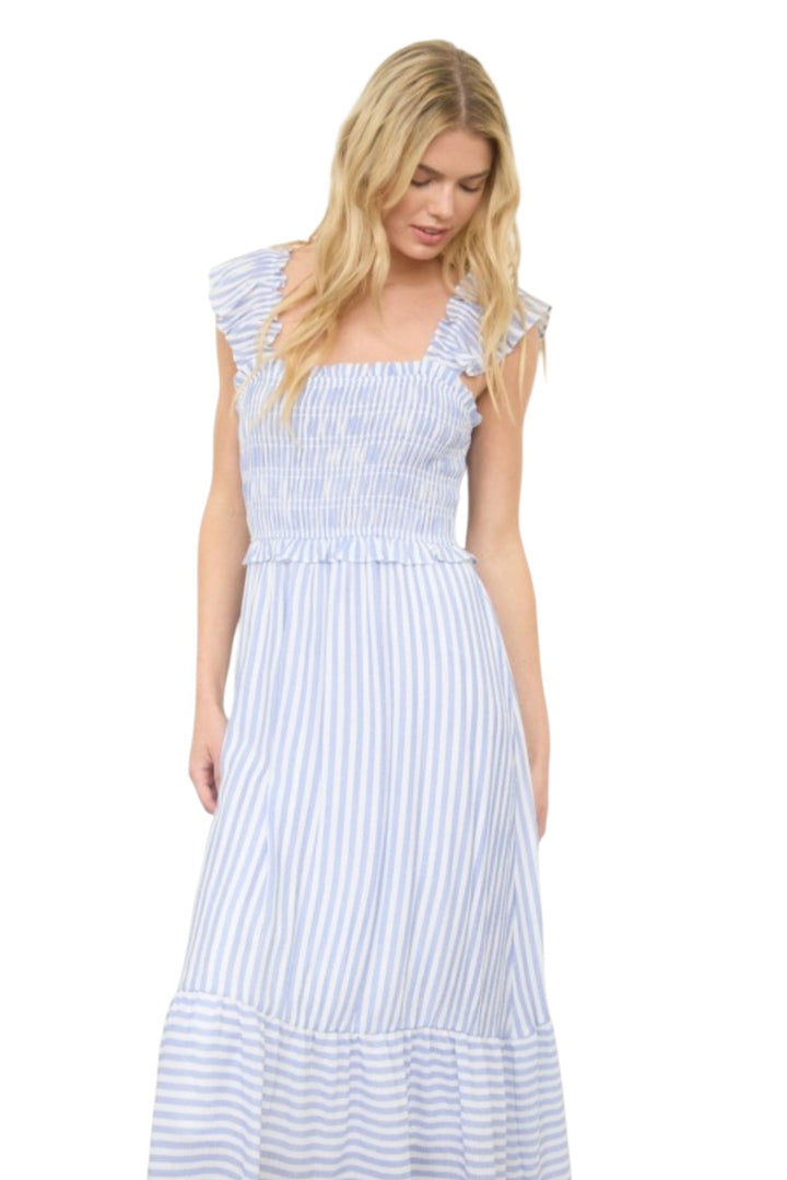 Blue Stripe Smocked Ruffle Trim Midi Dress