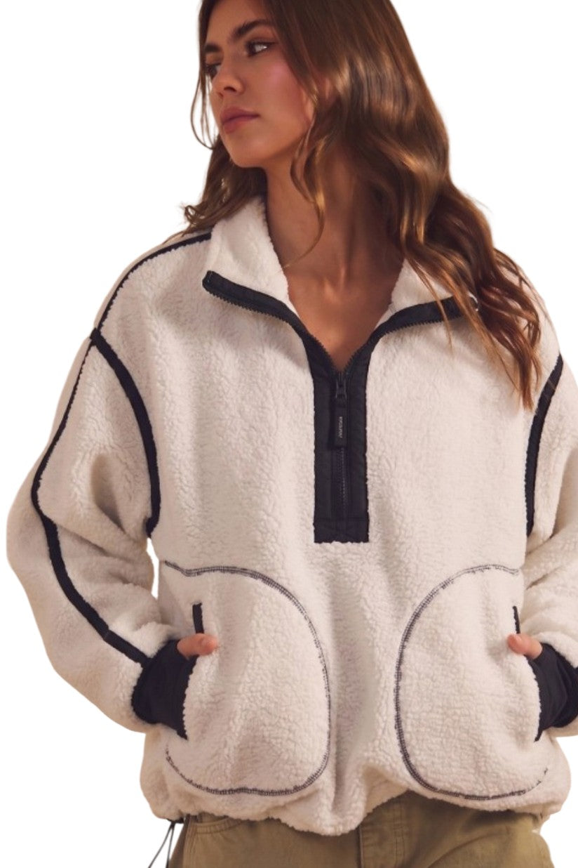 Ivory & Black Fleece Pullover Half Zip Sherpa