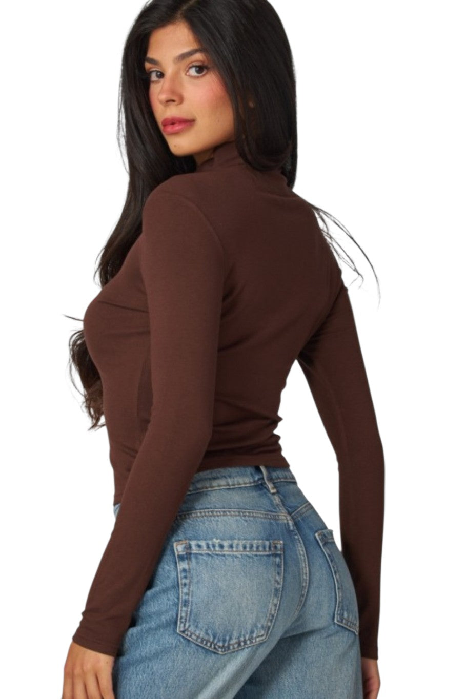 Brown Fitted Fine Ribbed Long Sleeve Mockneck