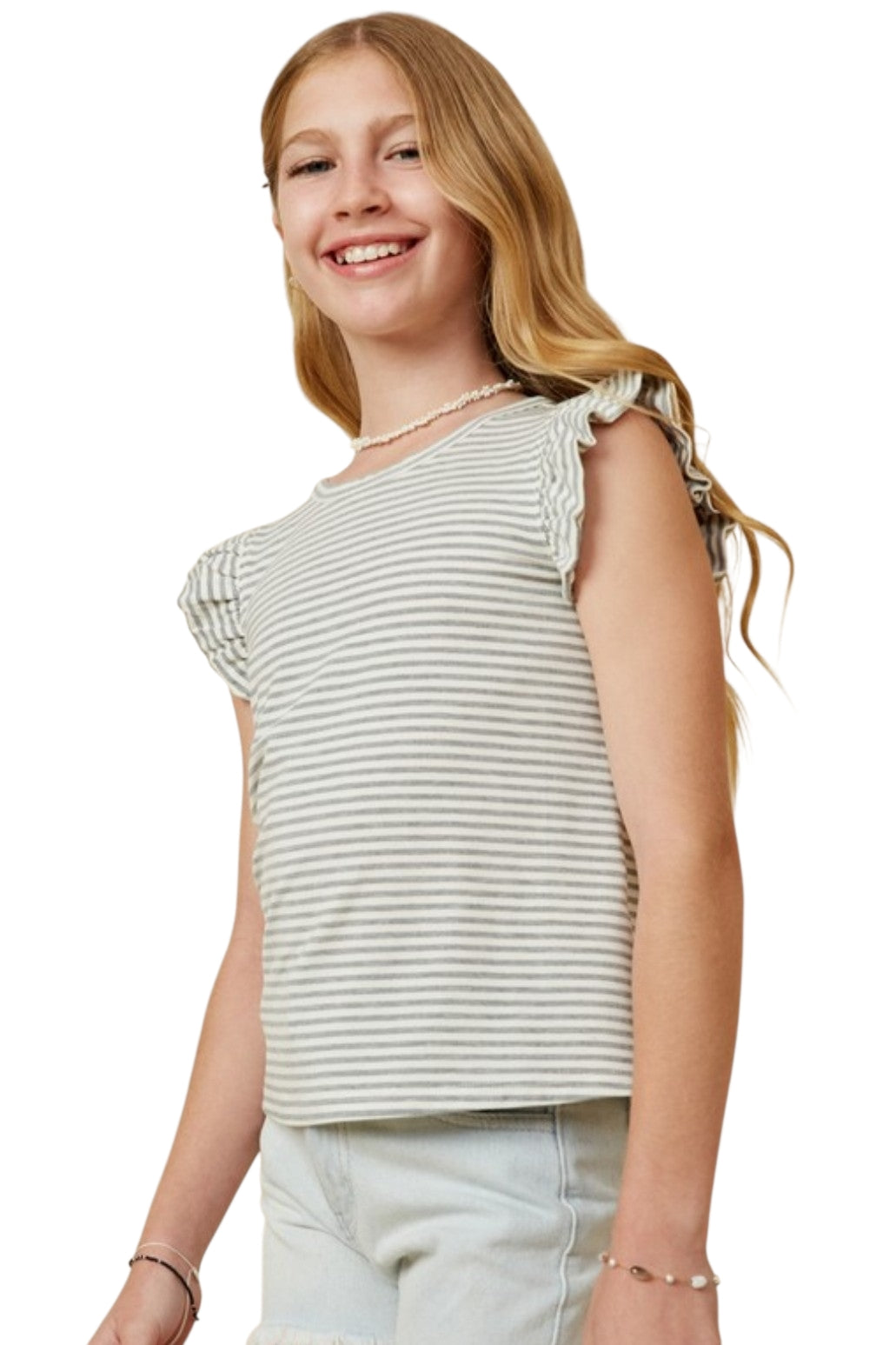 Girls Grey & White Stripe Flutter Sleeve Knit Top