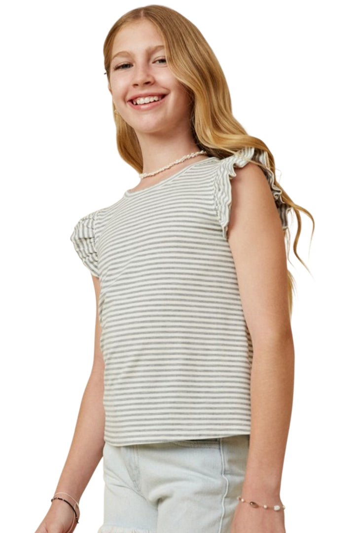 Girls Grey & White Stripe Flutter Sleeve Knit Top