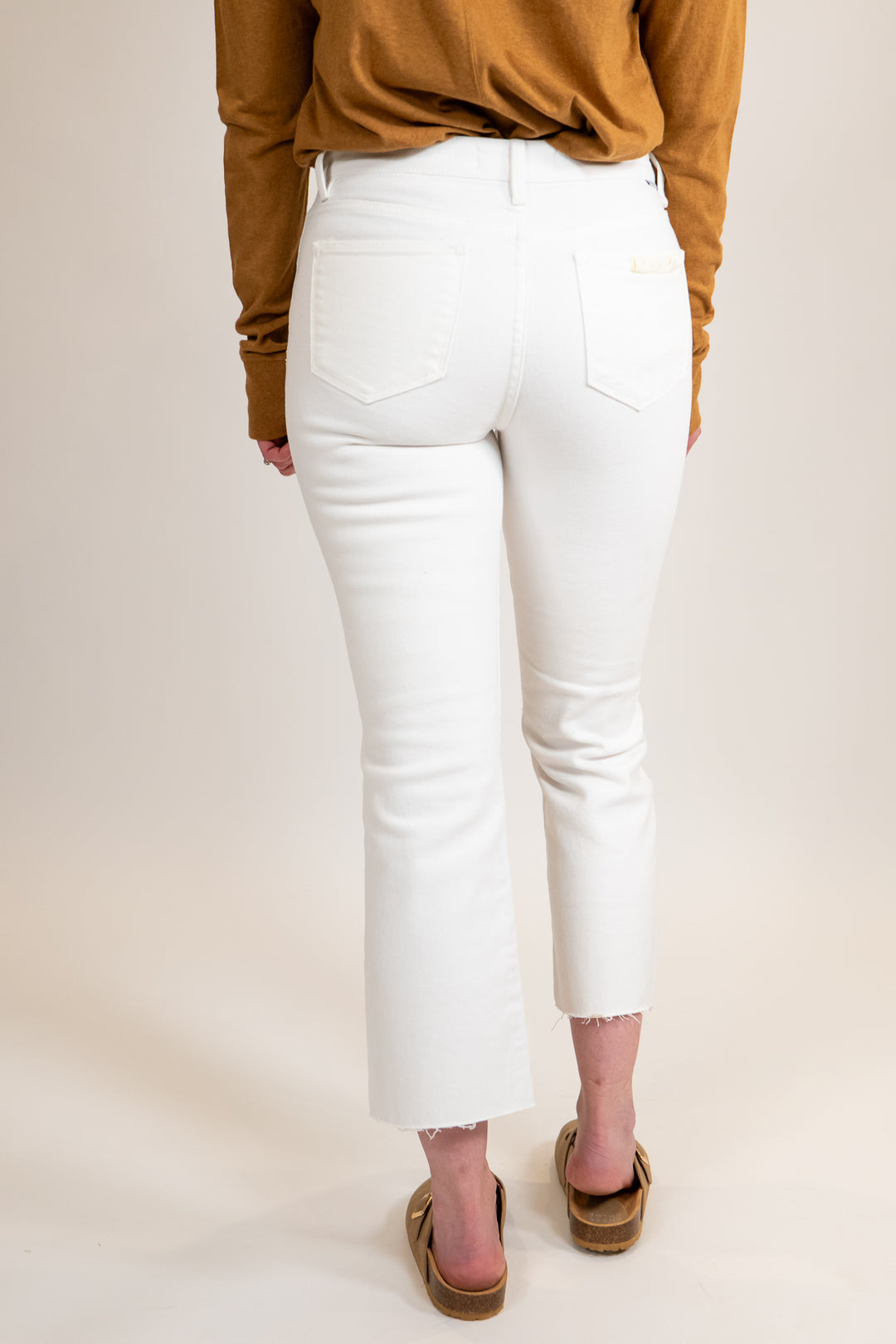 Risen White Mid Rise Straight Raw Edge Jeans