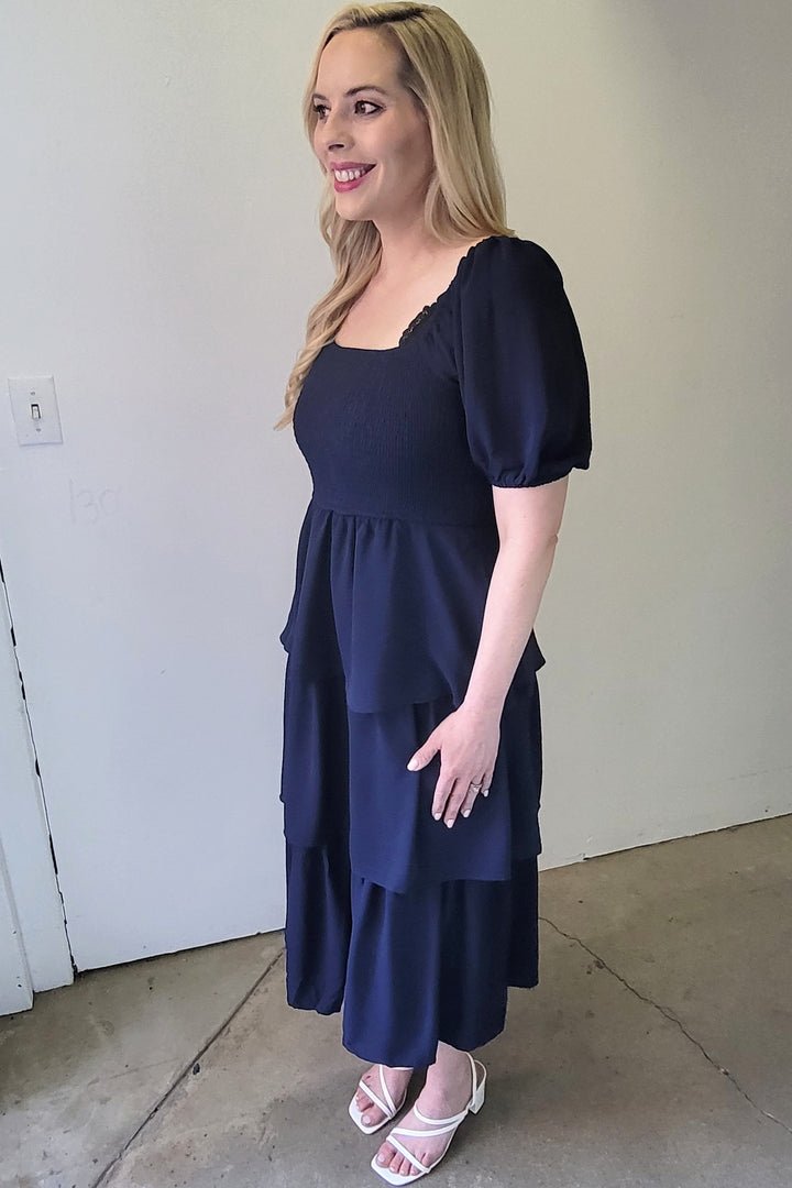 Navy Square Neck Ruffled Tier Midi Dress